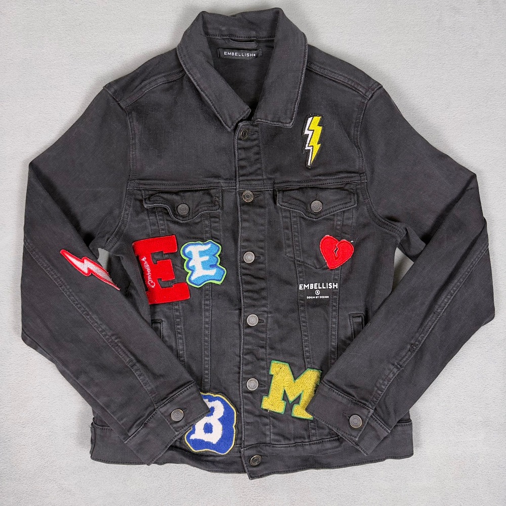 Embellish Denim By Design Black Patch Trucker Jacket Mens M